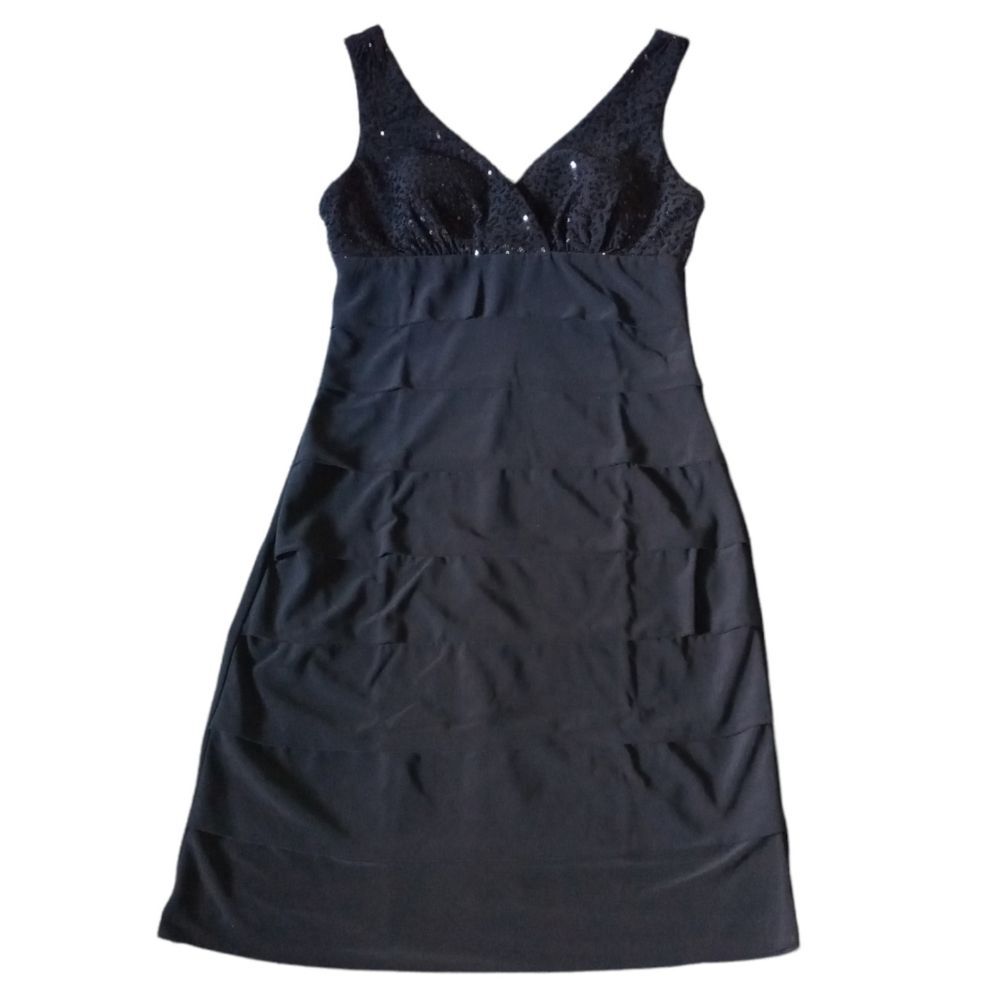WOMEN'S BLACK COCKTAIL V-NECK DRESS WITH SEQUIN DETAILS SIZE 9/10 JUNIORS